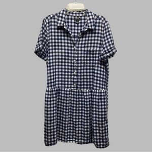 Roots Summer Linen Gingham Mini Navy Blue Shirtdress